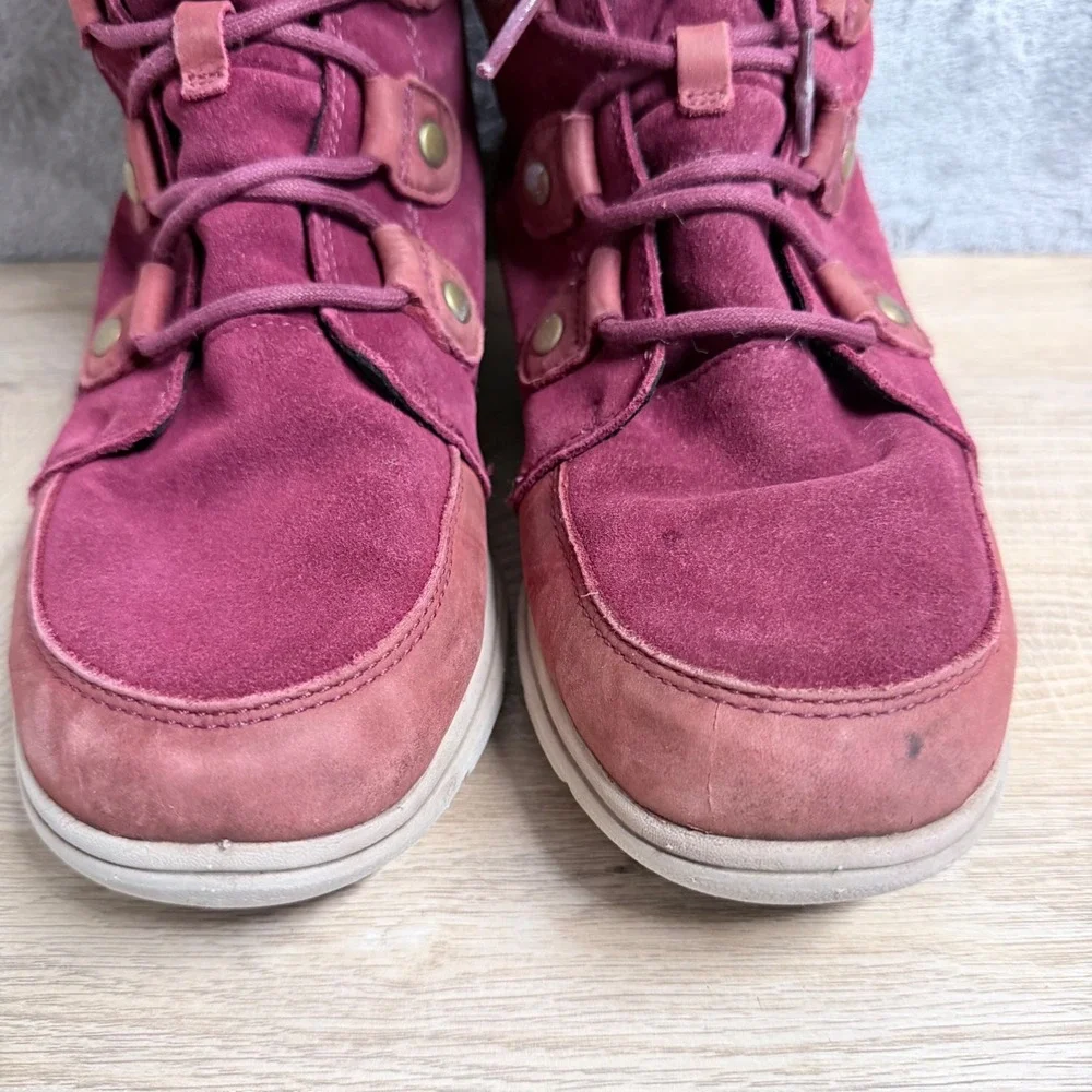 Sorel Explorer Joan Boots Women‎ 10 Burgundy Waterproof Suede Faux Fur Lined